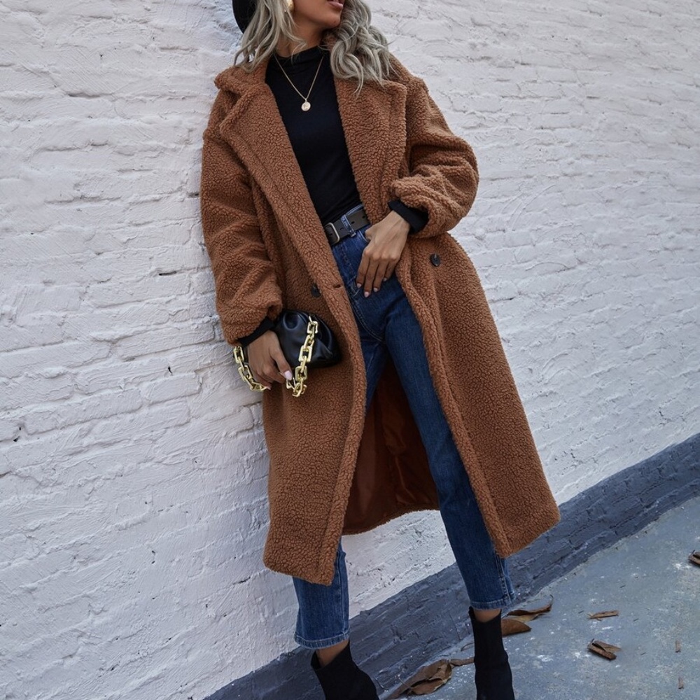 Brown mocha collar long teddy trench coat sherpa - Picture 6 of 6